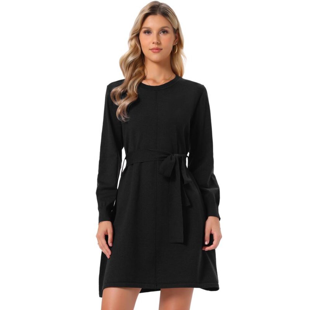Women's Long Sleeve Mini Dress with Belt Knit Sweater Dresses Black